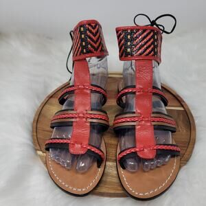 Schutz Red/Black Aztec Leather Strappy Summer Casual Women's Sandals 8B